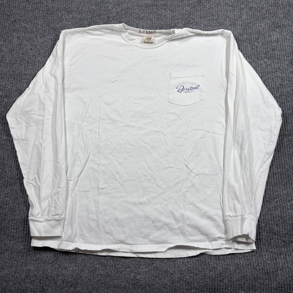 Barstool Golf Shirt Mens XL Comfort Colors White Long Sleeve Pocket USA Flag